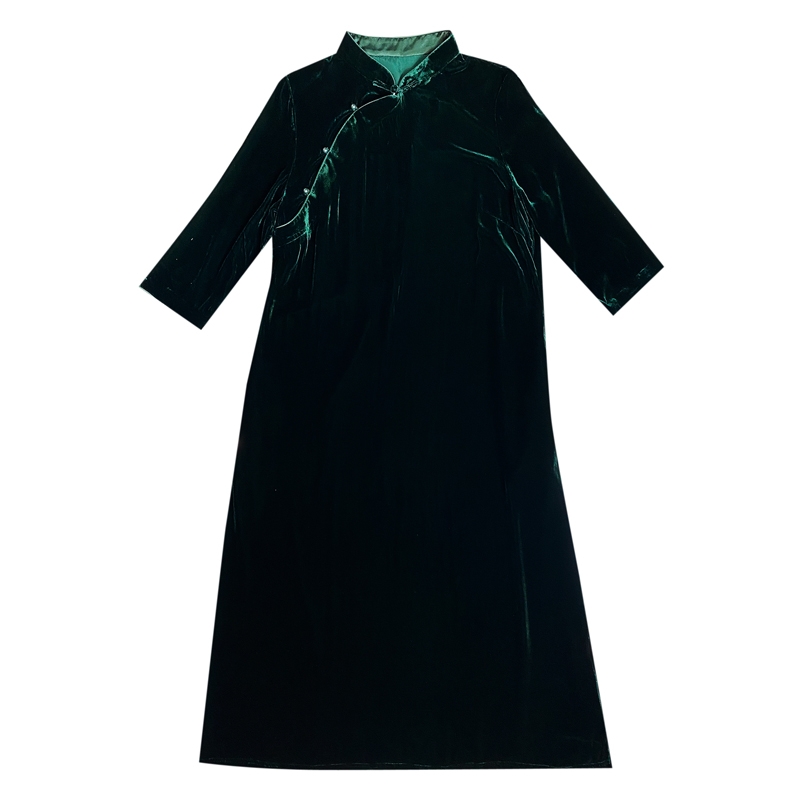 Váy nhung lụa kiểu dáng mới cao cấp trung bình dài cải thiện sườn xám lỏng màu đen size lớn cao quý váy dài thu đông