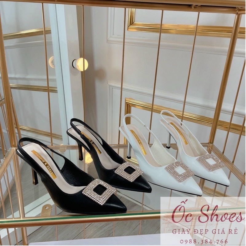 Giày cao gót mũi nhọn gắn đá, giày gót nhọn hở gót 8p