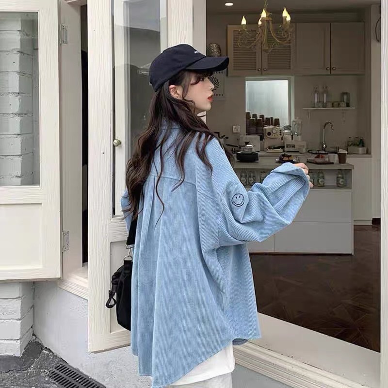 Áo sơ mi nhung tăm nam nữ thêu hình mặt cười form rộng phong cách Hàn Quốc SIB093