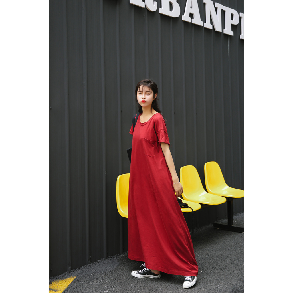 Đầm Maxi Nữ Tay Ngắn Dáng Rộng Phong Cách Hàn Quốc
