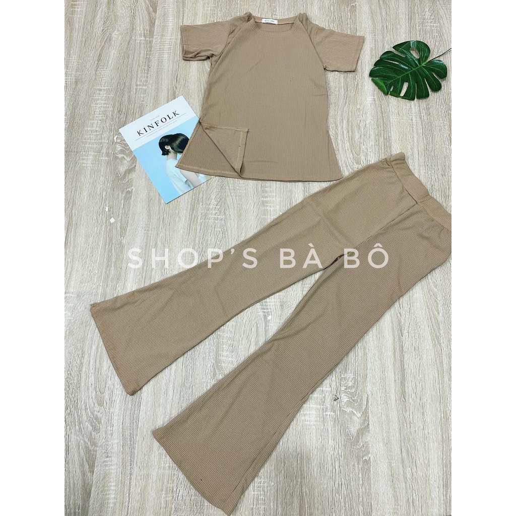 Bộ mặc nhà nữ, chất thun len tăm co giãn, vải mát, áo xẻ tà hai bên, quần ống loe