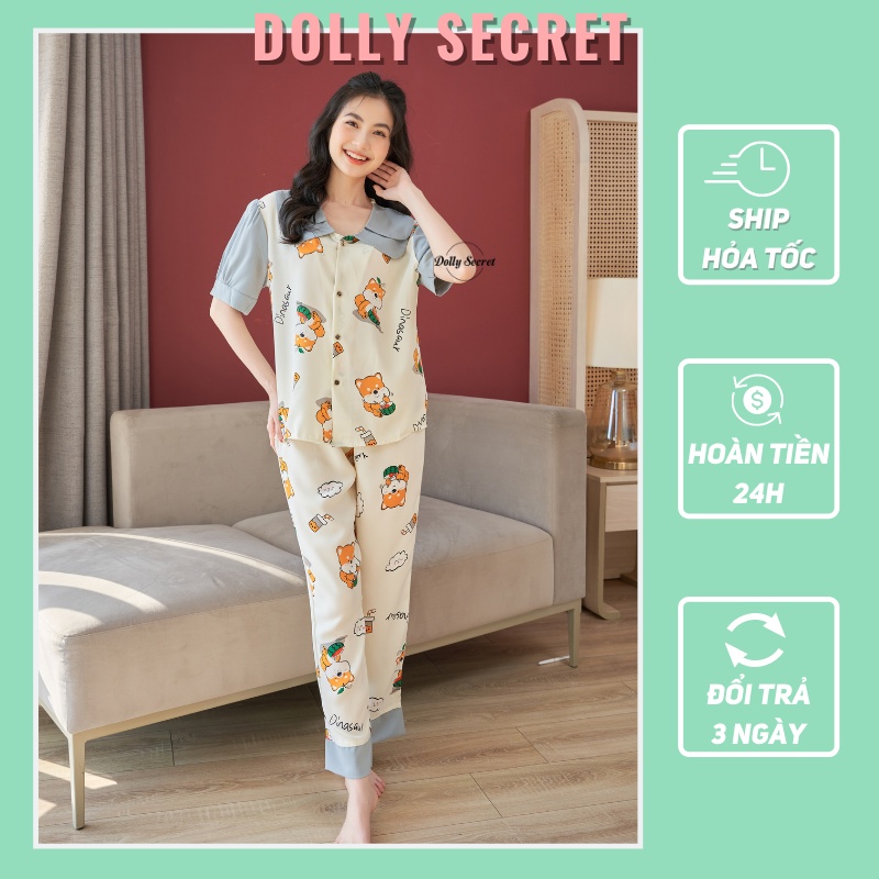 Bộ ngủ Pijama mặc nhà cộc tay bồng quần dài phối màu trắng xanh dễ thương DOLLY SECRET CD03