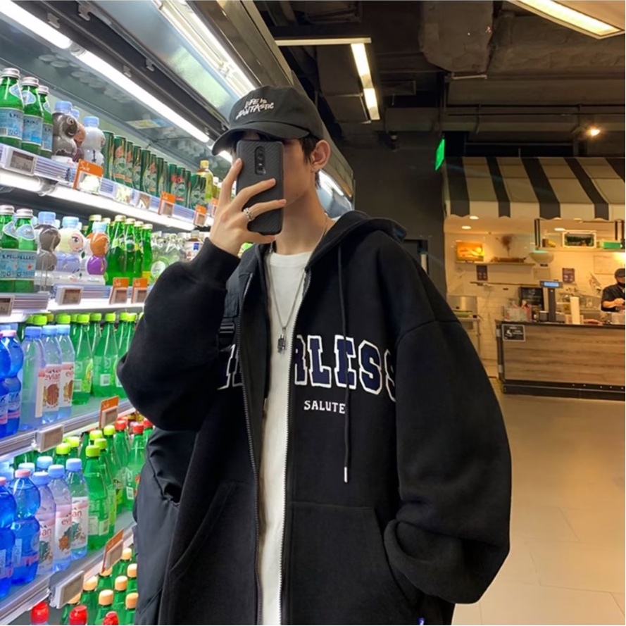 Áo Khoác Cardigan Có Mũ Trùm Dáng Rộng Phối Khóa Kéo Đơn Giản áo khoác hoodie Phong Cách Retro Hàn Quốc Thời Trang áo hoodie dây kéo Nam Nữ