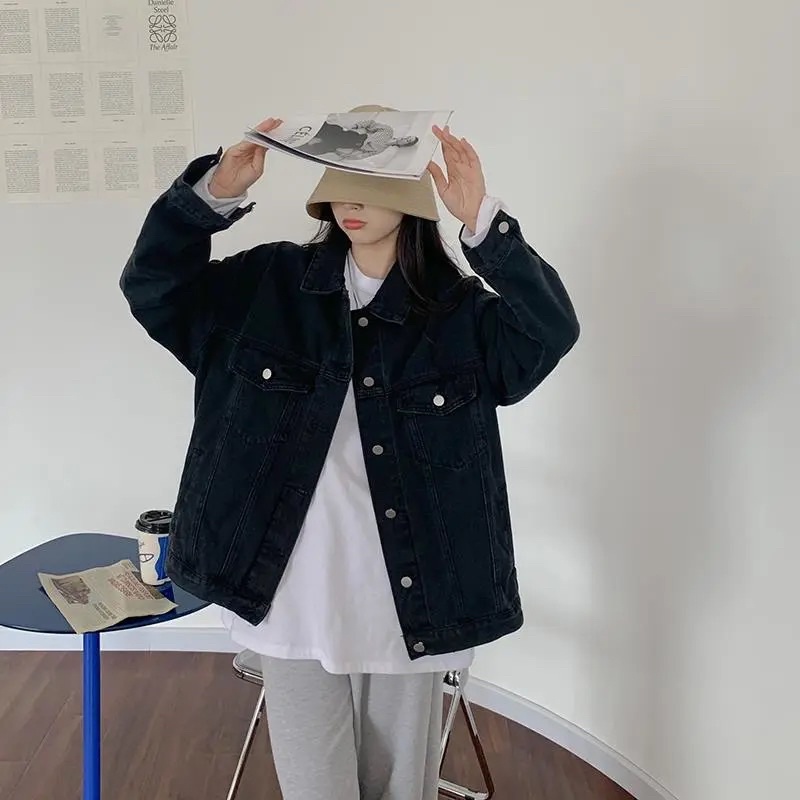 Áo Khoác Jean Dài Tay Màu Đen, Áo Denim Bò Có Cổ Cài Cúc Loại 1 Hàng Quảng Châu Phong Cách Ulzzang Cá Tính Basic