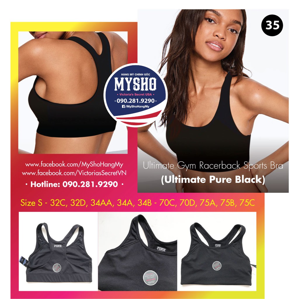 Áo tập, áo lót thể thao (35) Ultimate Black màu đen, không mút, hàng nhập Victoria's Secret, Size S