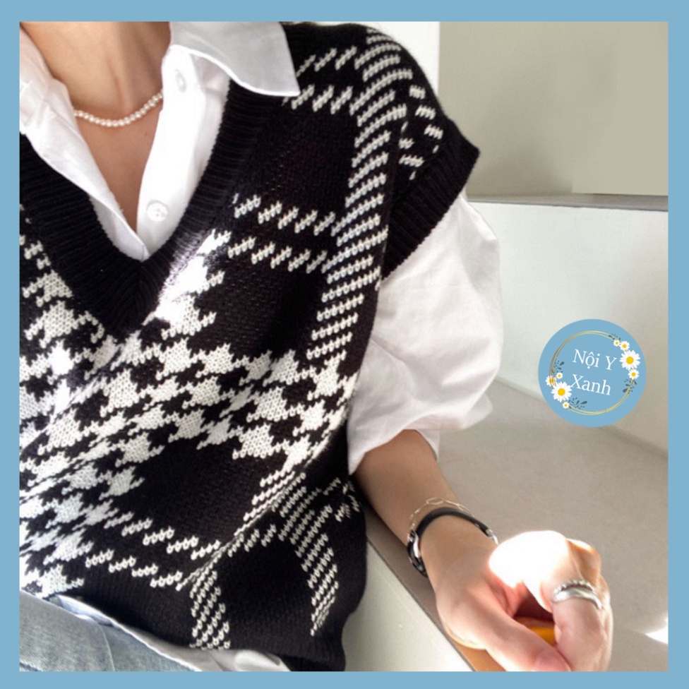 áo gile len nữ noiyxanh black color phối kẻ trắng phong thái tươi trẻ hottrend 2022 A106 hot trend, phom đẹp, chất đẹp