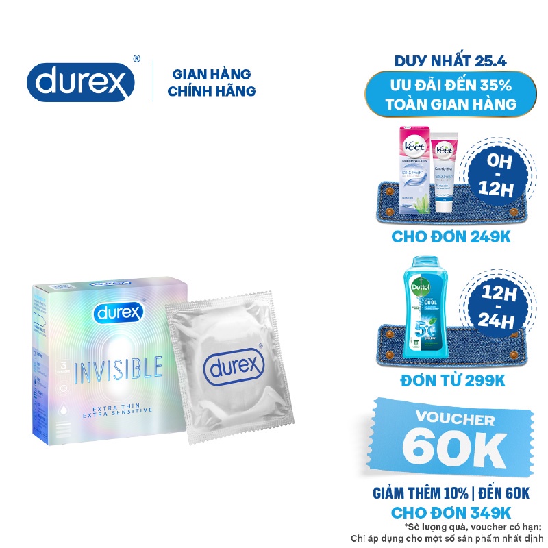 Bao cao su Durex Invisible Extra Thin Extra Sensitive 3 bao