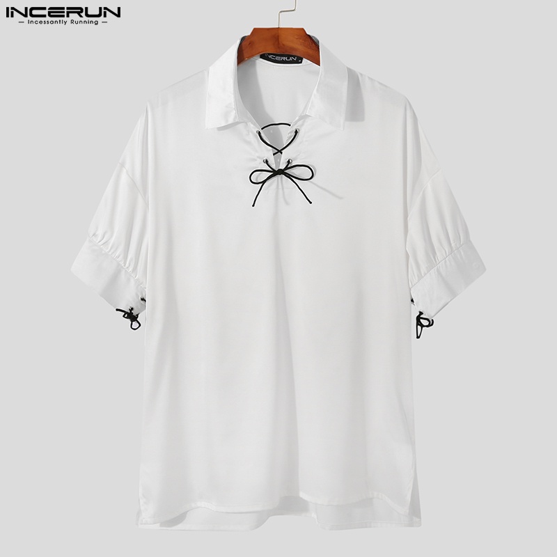Áo INCERUN vải lụa tay ngắn dáng rộng phối dây cột cỡ S-5XL sành điệu cho nam
