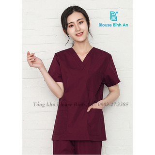 Đồng phục Y Tế, Spa màu đỏ đô cho bác sĩ, y tá, điều dưỡng, thẩm mỹ viện, dược, Vải cotton lạnh cao cấp - Blouse Bình An