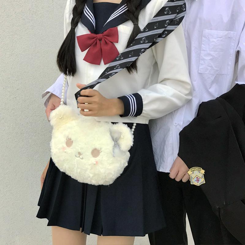 Túi đeo vai hình đầu chú gấu vải lông mềm chuỗi đính ngọc trai nhân tạo phong cách lilita dễ thương cho nữ