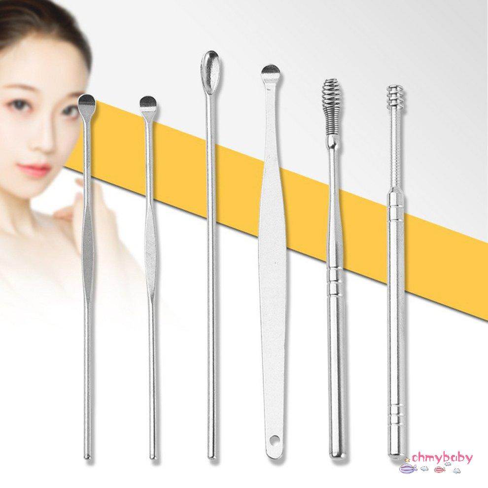 6 cái / bộ Dụng cụ lấy ráy tai bằng thép không gỉ Earpick Wax tẩy lông Curette Nhặt tai [8/12]