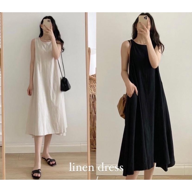 VÁY MAXI sát nách xoè dáng suông dài chất đũi lụa fom rộng không may túi