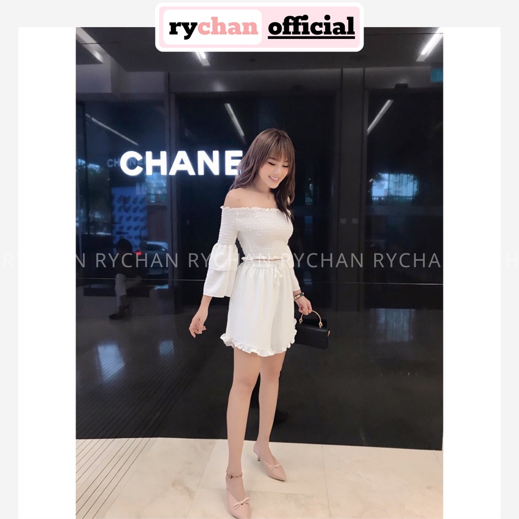 SE753 - Set Áo Trễ Vai Nhún Và Quần Váy Trắng