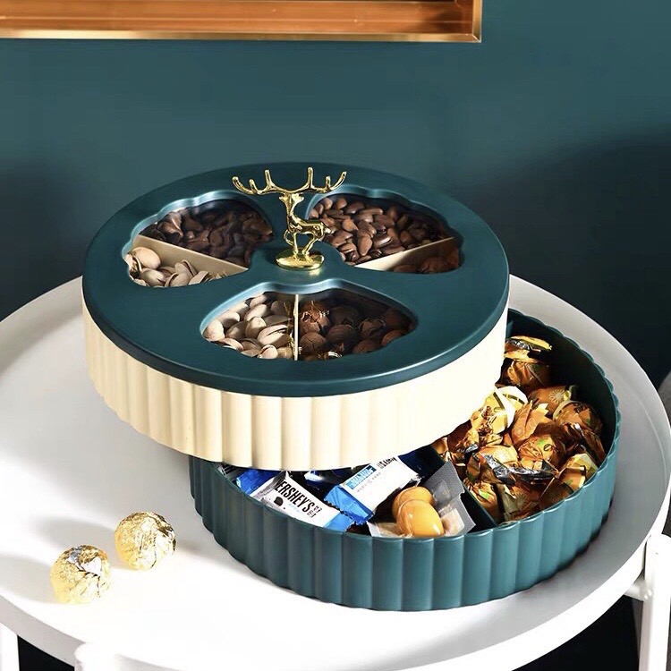 Khay đựng bánh kẹo tết mứt tết 2 tầng tay cầm hình đầu hươu xoay 360 độ phong cách Châu Âu - VS103