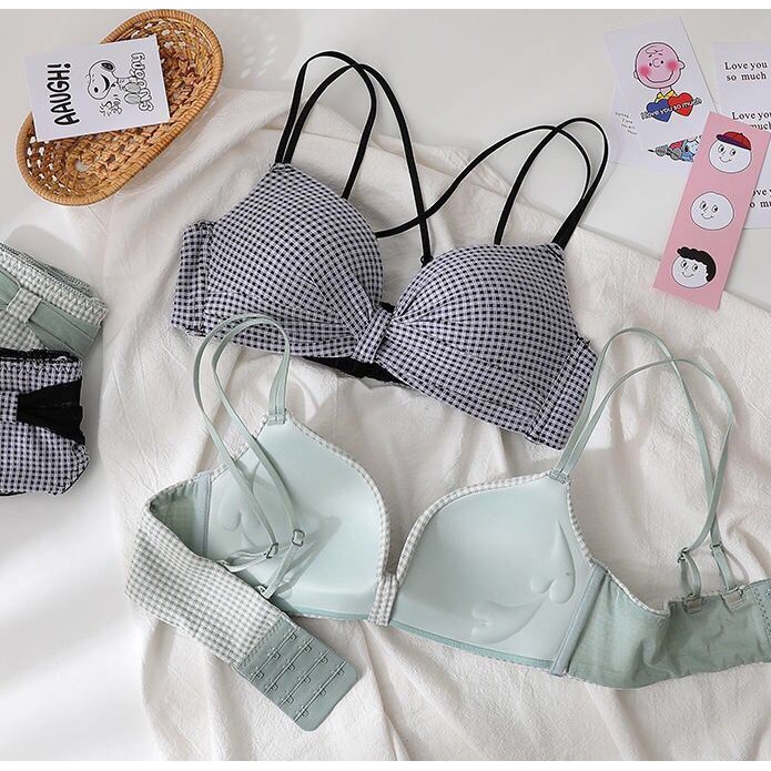 Áo ngực nữ, áo lót nữ không gọng nâng ngực dây chéo caro mút 1cm | BigBuy360 - bigbuy360.vn