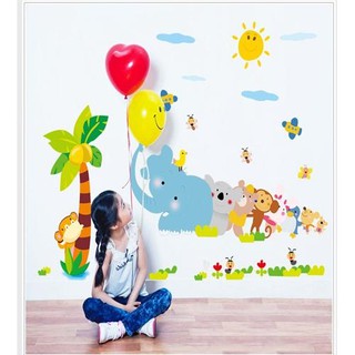 Tranh decal dán tường cho bé trang trí nhà cửa phòng cho bé vừa học vừa chơi động vật voi con