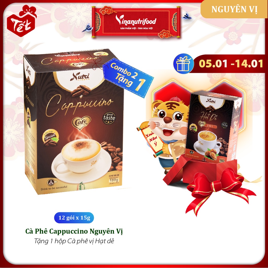Cà phê capuchino Vinanutrifood C01, hương vị thơm ngon béo ngậy, giúp khơi dậy tinh thần tỉnh táo (15g x 12 gói)