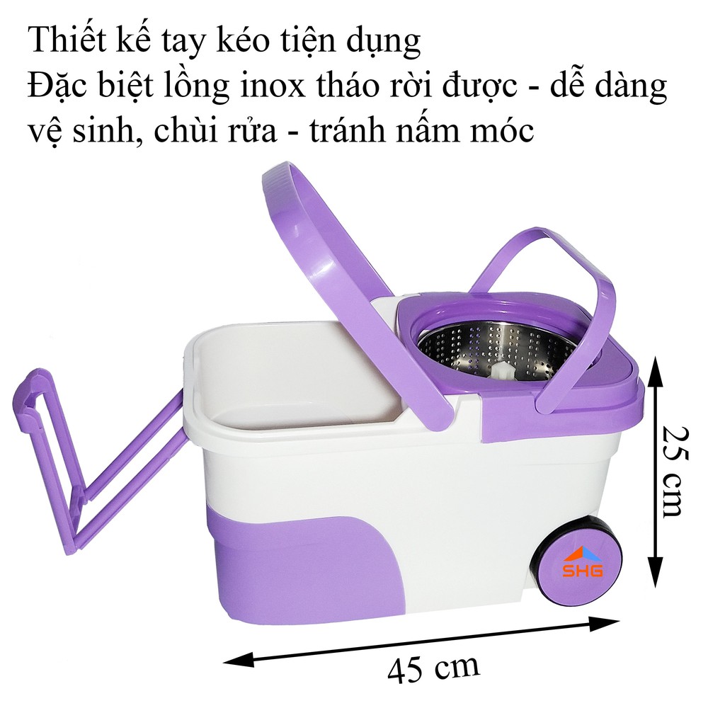 BỘ LAU NHÀ 360 ĐỘ BÁNH XE VUÔNG, CÂY TRỢ LỰC, LỒNG THÁO RỜI  MÂM INOX, 2 BÔNG LAU, SIÊU SẠCH