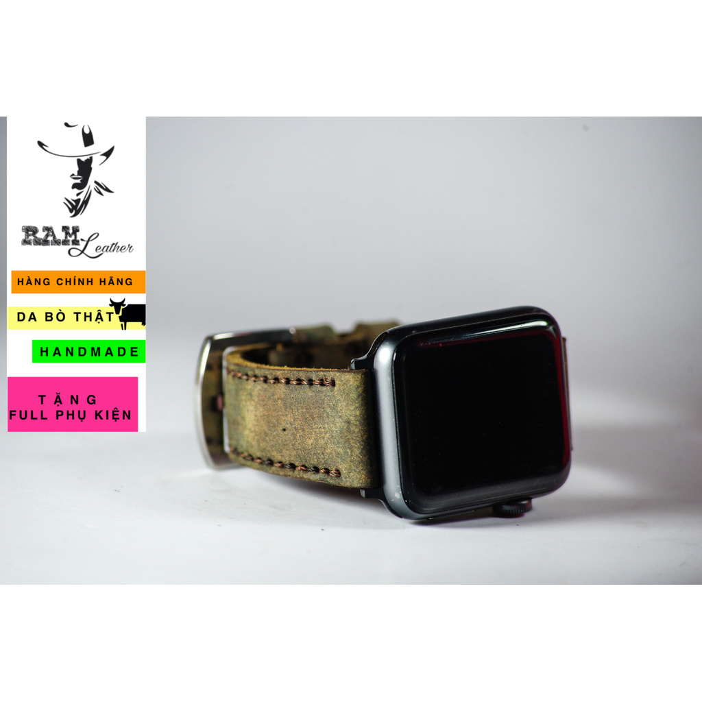 Dây apple watch da bò sáp nghệ thuật handmade bền chắc cực đẹp RAM Leather 1952 - tặng khóa chốt và adapter