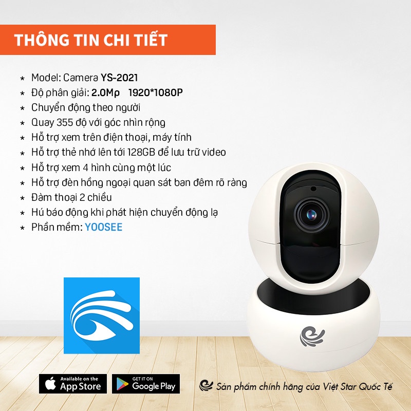 Camera Wifi IP Trong Nhà Việt Star Quốc Tế YS2021 2.0 (1080FullHD) Có Màu kèm combo thẻ nhớ bảo hành 12 tháng