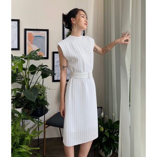 Đầm suôn dài trắng kèm thắt lưng edini - d1278
