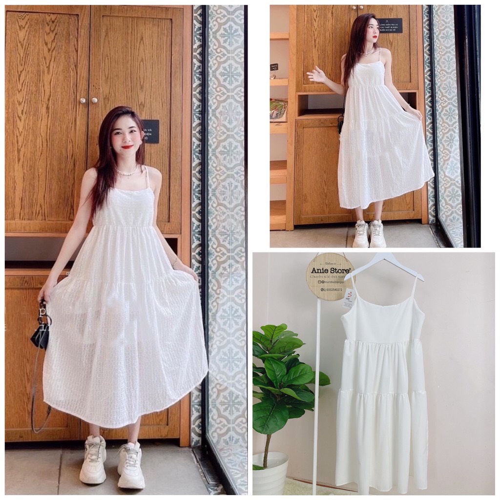 Đầm Maxy, Đầm Maxy 2 Dây Trắng Dáng Xòe Chất Đũi