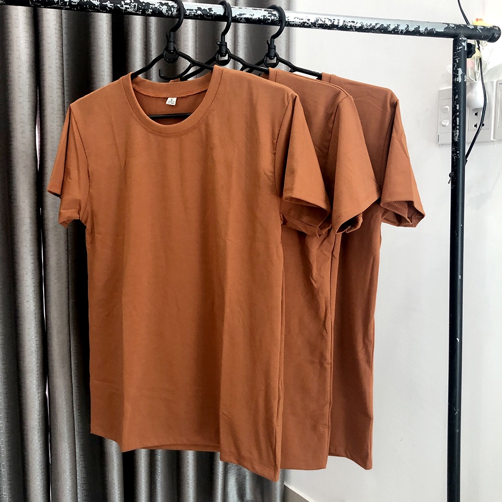 Áo Thun Trơn Màu Nâu Bò Ảnh Chụp Thật Ngắn Tay Cổ Tròn Form Vừa Unisex Dùng Chung Cho Nam Và Nữ