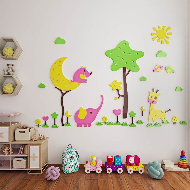 Tranh dán tường mica 3d decor khổ lớn khu vườn thú dễ thương trang trí mầm non, phòng cho bé Nhiều Size - EPeBen