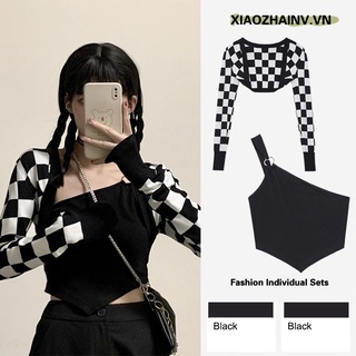 Áo Quây Lệch Vai Và Áo Cardigan Croptop Caro Phong Cách Hàn Quốc
