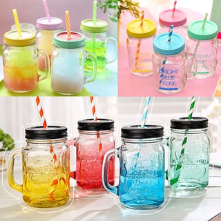 Cốc Thuỷ Tinh Có Nắp Cắm Ống Hút Và Tay Cầm 480ML, 350ML