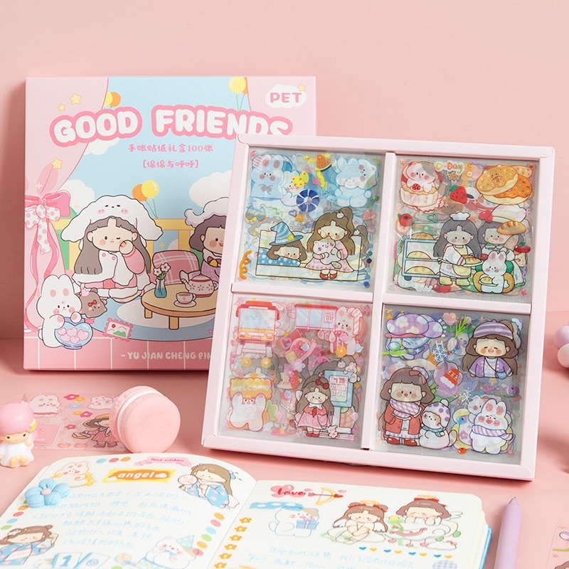 🍓 Sticker 100 tấm Hộp quà tặng 100 tấm dán hoạt hình trang trí sổ lưu niệm dễ thương hộp game time