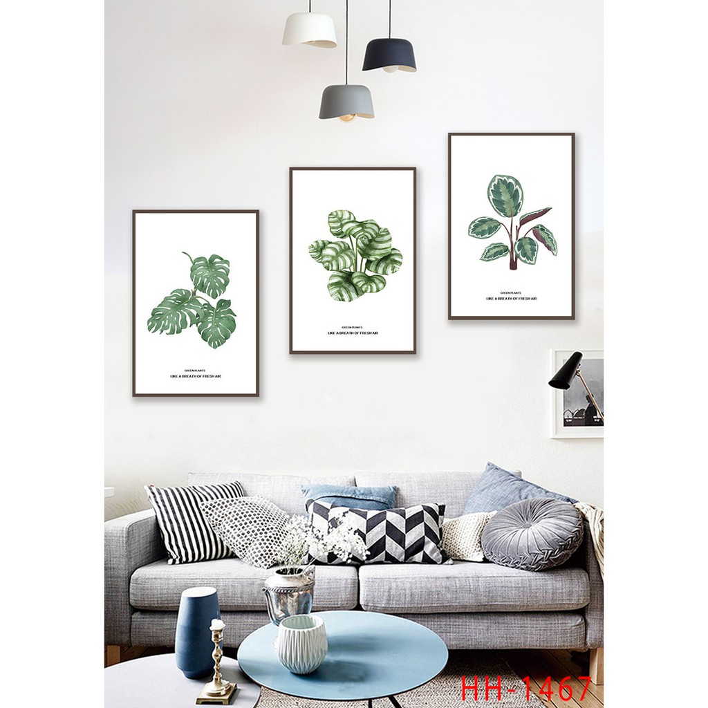 Bộ 3 Tranh Treo Tường 3 Lá Xanh - Tranh canvas treo tường giá rẻ - Tặng kèm đinh 3 chân không cần khoan tường