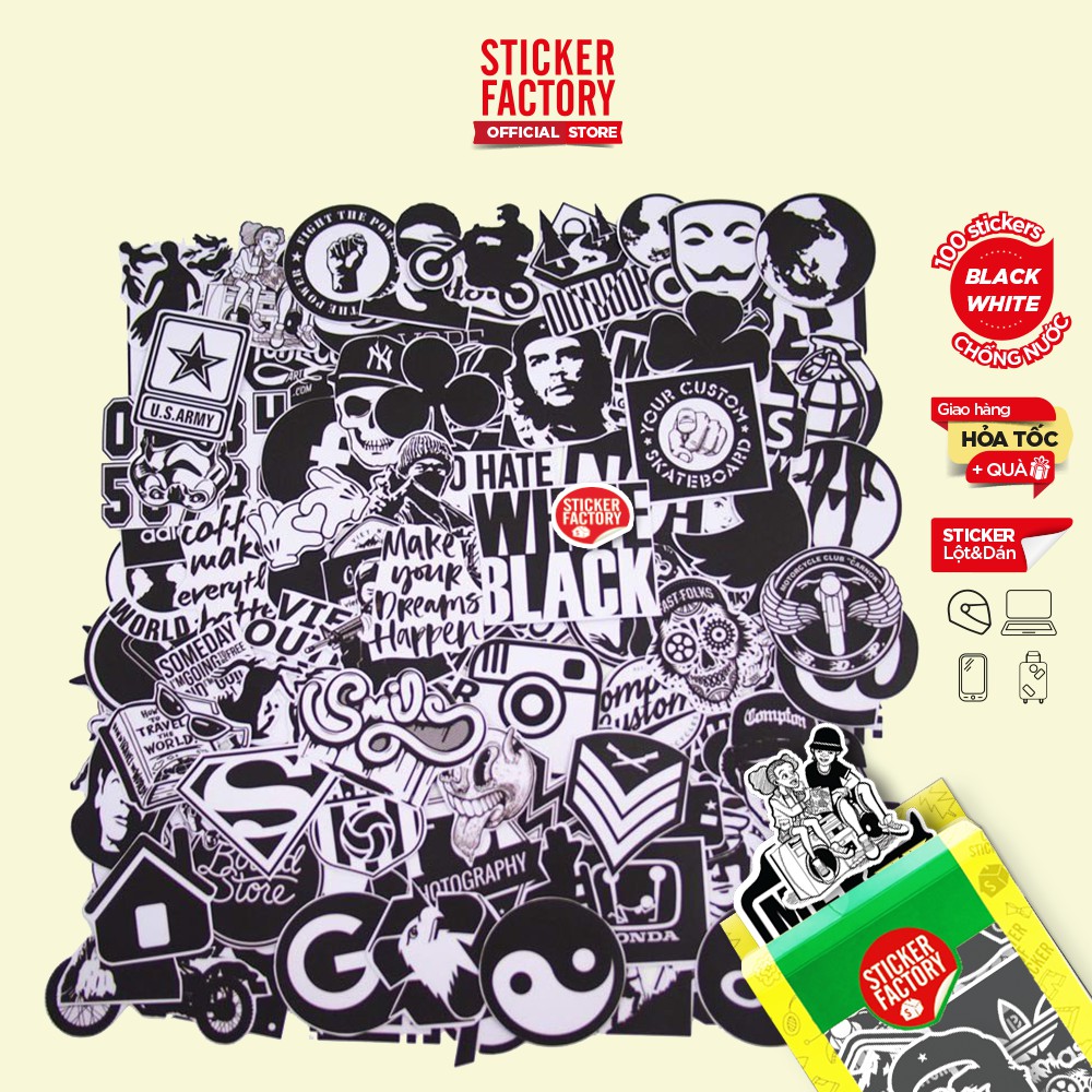 Black White - hộp set 100 sticker decal hình dán nón bảo hiểm , laptop, xe máy, ô tô - STICKER FACTORY