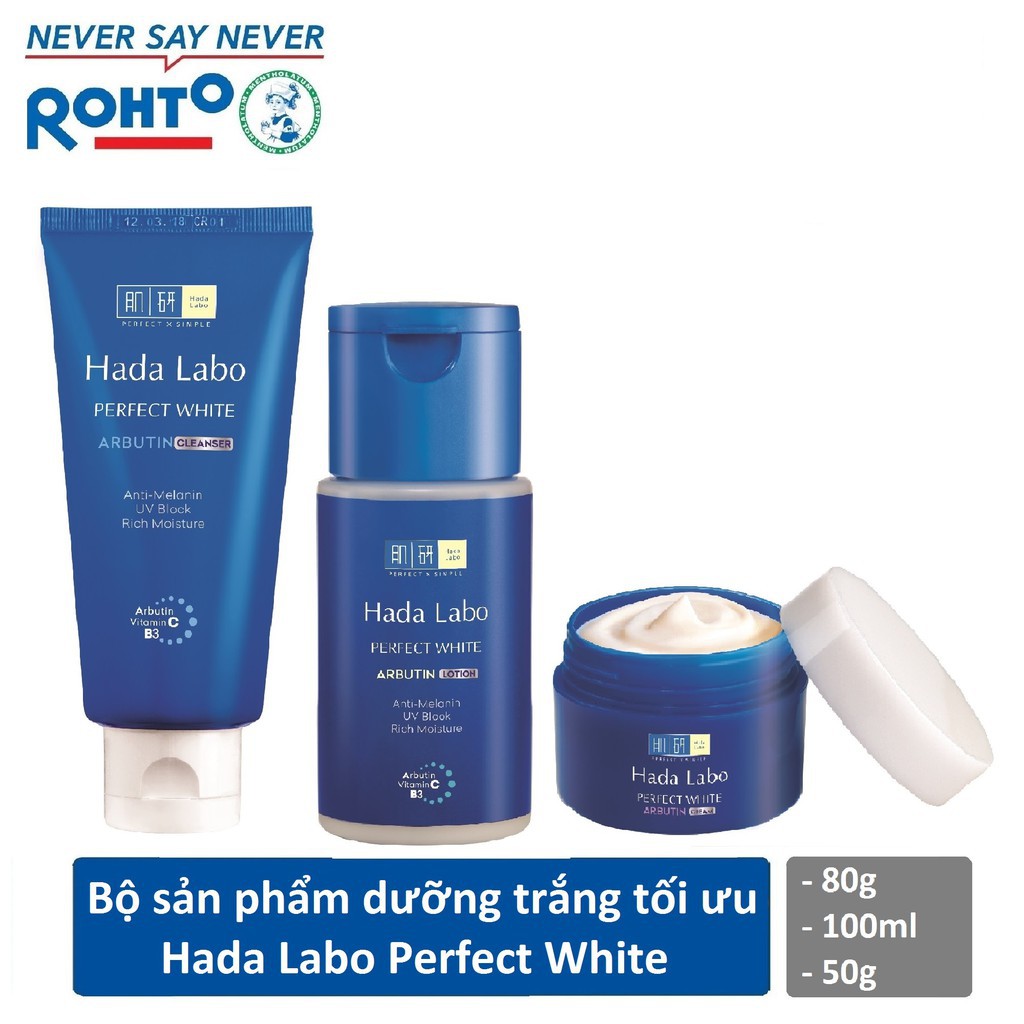 Bộ sản phẩm dưỡng trắng da tối ưu Hada Labo Perfect White (Sữa rửa măt 80g + Dung dịch dưỡng 100ml + Kem dưỡng 50g)