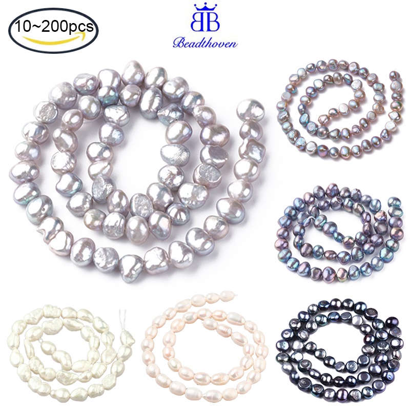 Dây 52~60 hạt ngọc xám nuôi cấy nước ngọt hai mặt đánh bóng 6~8x4~6mm lỗ 0.8mm dài 16.1 inch