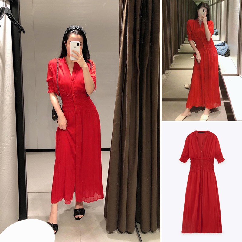 ĐẦM ZRA NỮ DÁNG DÀI EO CO GIÃN MÀU ĐỎ - 9878/066