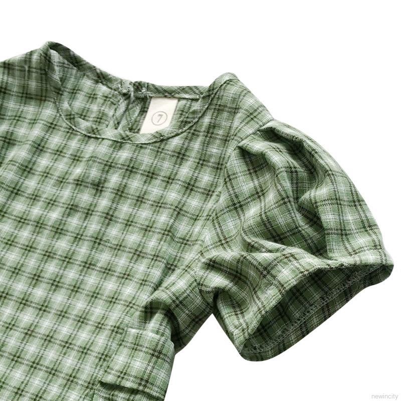 Đầm cotton tay ngắn in họa tiết caro cho bé gái