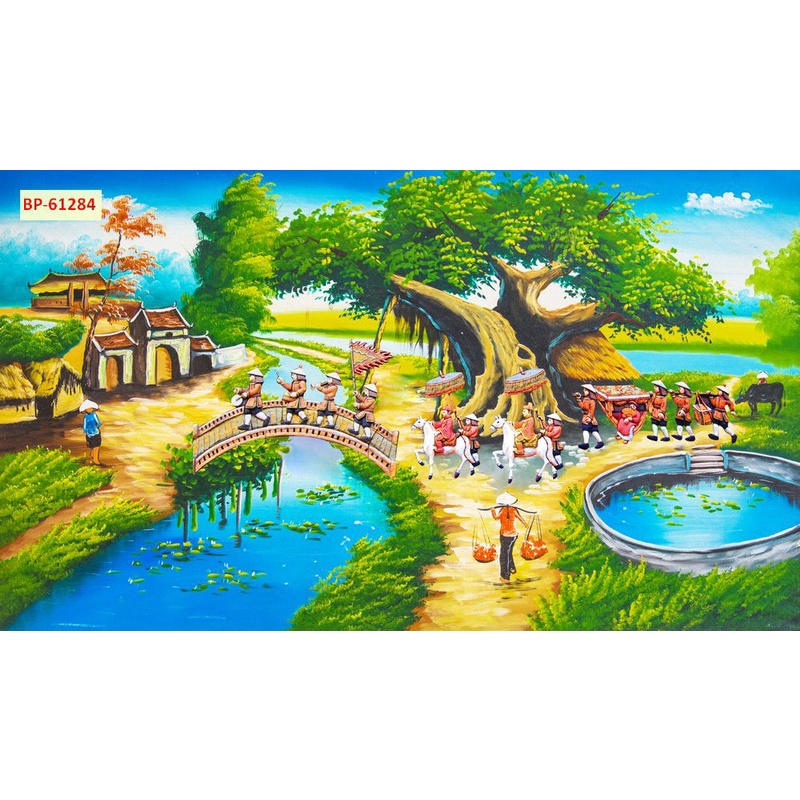 Tranh Làng Quê Việt Nam Thời Xa Xưa nhiều kích thước, làm theo yêu cầu, không giời hạn kích thước