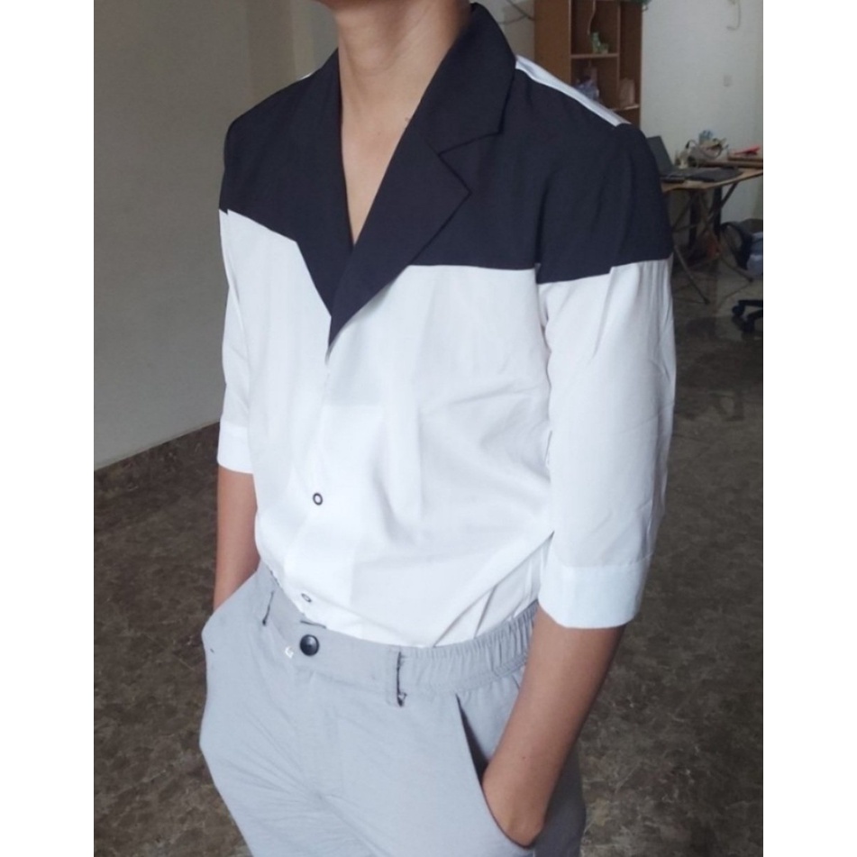 Áo Sơ Mi, Áo Sơ Mi Nam phối Vai cách điệu 2 màu Đen - Trắng sang trọng lịch lãm, trẻ trung T1 hàng thiết kế tại xưởng. | BigBuy360 - bigbuy360.vn