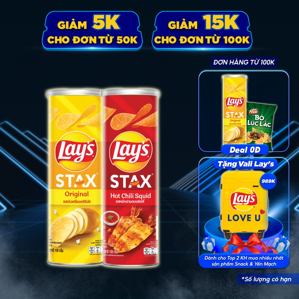 Combo 2 Bánh snack khoai tây miếng Lay's Stax hộp 105g Mix vị : Mực sốt cay và khoai tây Tự nhiên