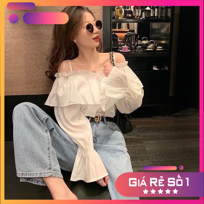 [VIDEO HÌNH THẬT ] Áo trễ vai hai dây bèo nhún dài tay bồng Chu Khiết Quỳnh ANN07