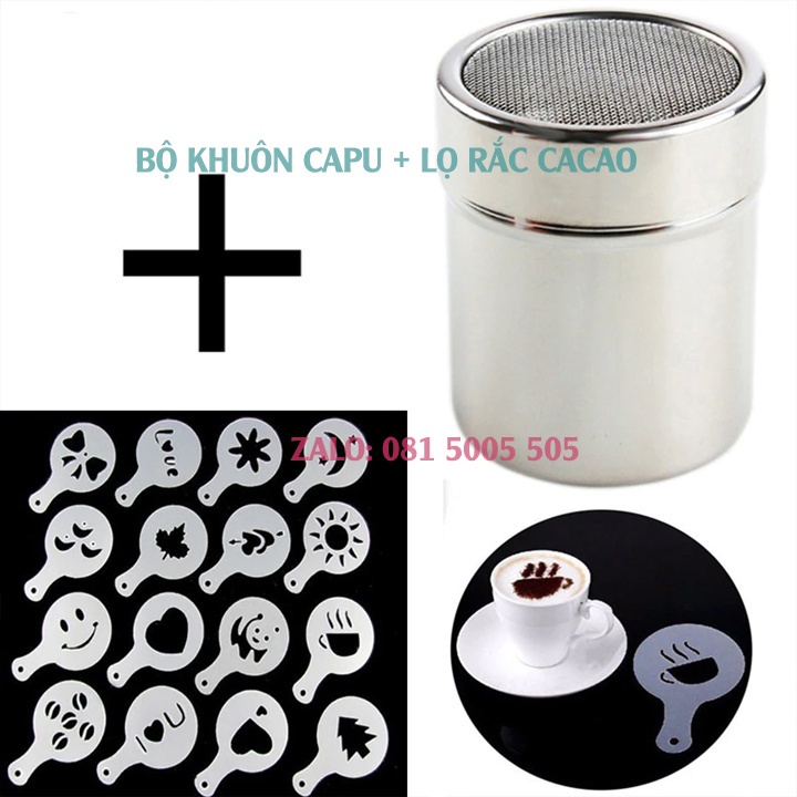 Hộp rắc bột cacao tạo hình chất liệu inox và Khuôn vẽ hình capuccino điệu T112H