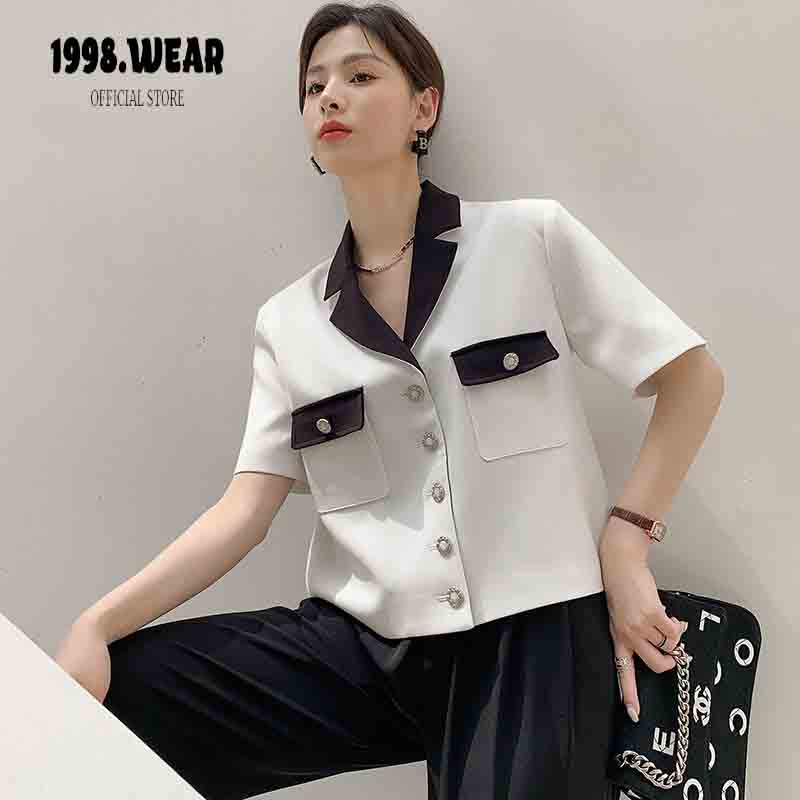 Áo vets ngắn crotop áo sơ mi blazer cổ vets túi nắp fom rộng thanh lịnh dành cho nữ-1998.Wear
