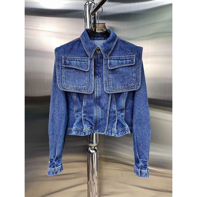 Áo Khoác Denim Ngắn Lưng Cao Xếp Ly Có Túi Thời Trang Mùa Thu Hàng Mới 2022 Dành Cho Bạn Nữ