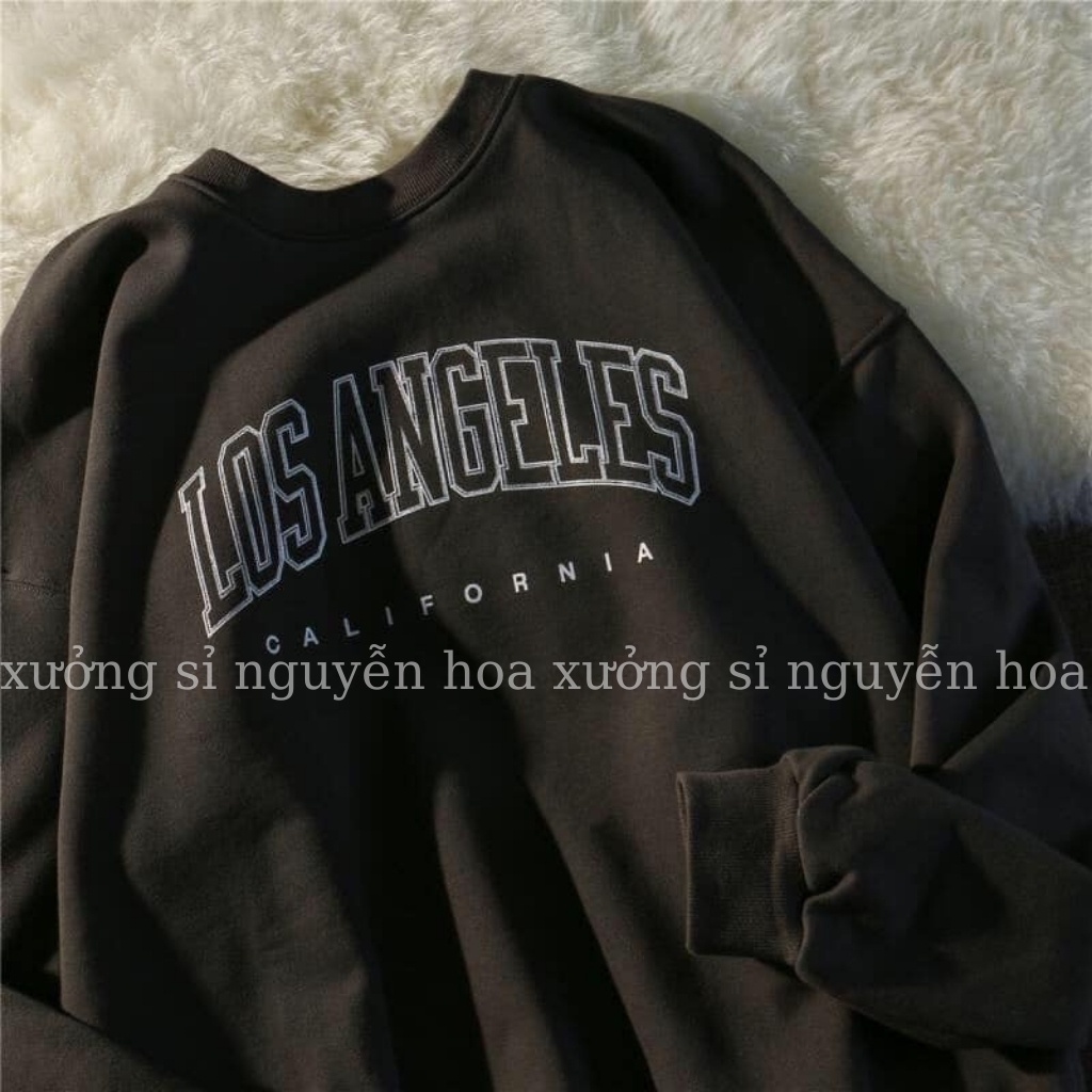 Áo sweater nỉ Los angeles dài tay dáng thụng unisex nam nữ mặc được 3 màu xanh rêu đen xám Xưởng Sỉ Nguyễn Hoa