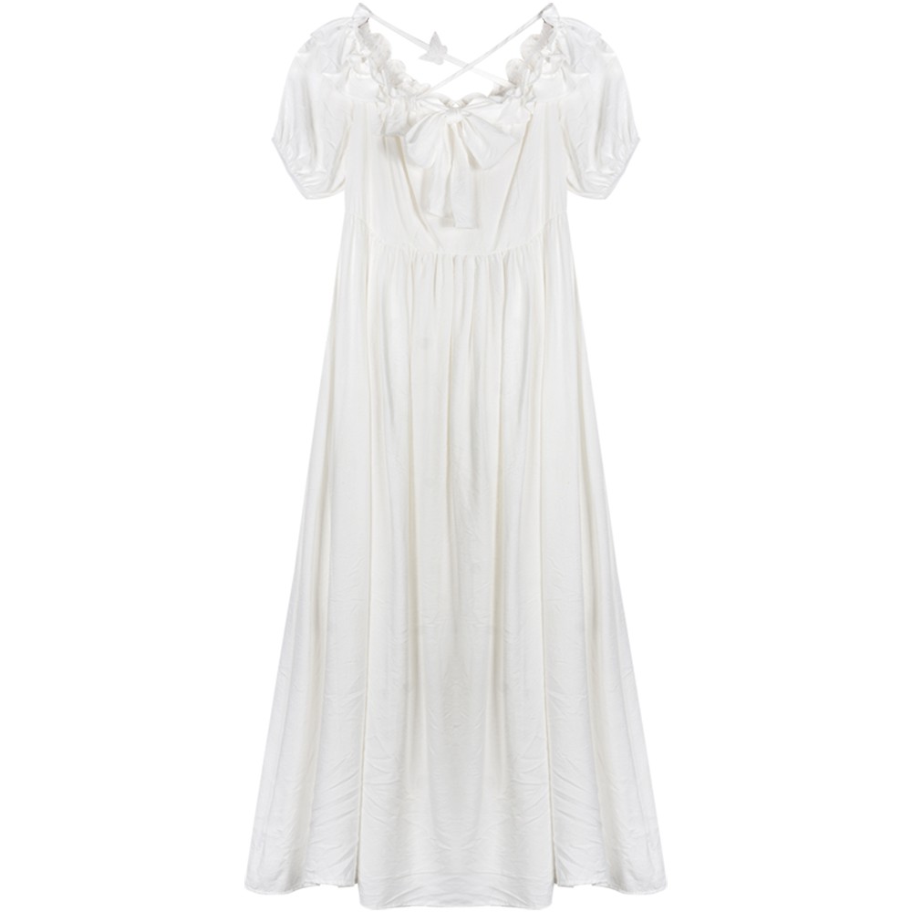 (ORDER) Váy trắng xòe dài bồng bềnh công chúa cổ tích cổ vuông cộc tay dây đan chéo