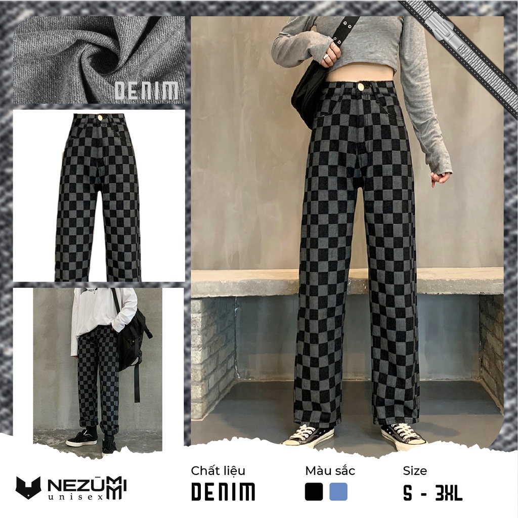 (Sẵn Đen 2XL) Quần bò jeans xanh đen caro nam nữ unisex hiphop dance