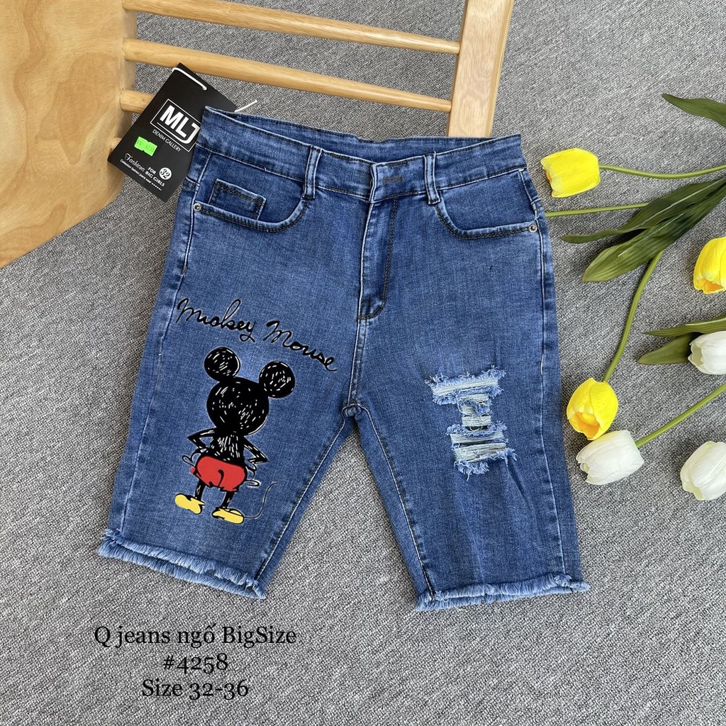 [Bigsize] Quần Jean Lửng Gối Nữ Hàng Co Giãn Mạnh Kiểu Rách In Hình