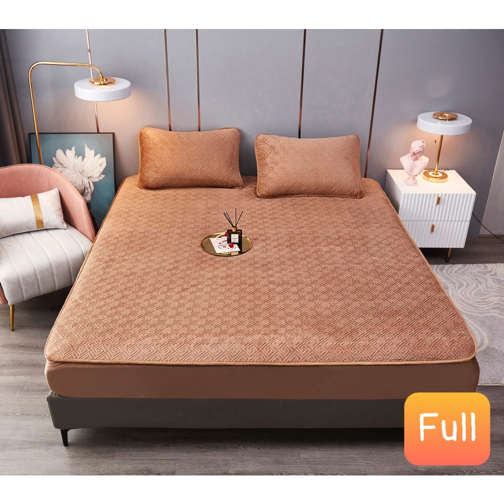 Bộ Ga Gối Trần Bông Nỉ Nhung Hoạ tiết chữ Vạn cao cấp, thảm ga nỉ nhung dùng mùa đông ấm áp - kích thước 1m6; 1m8; 2m2