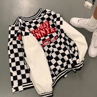 [Có Sẵn Màu Xanh ] Áo khoác Bóng Chày Checkerboard Bomber Jacket Họa Tiết Lông Cừu Chất dù 2 lớp